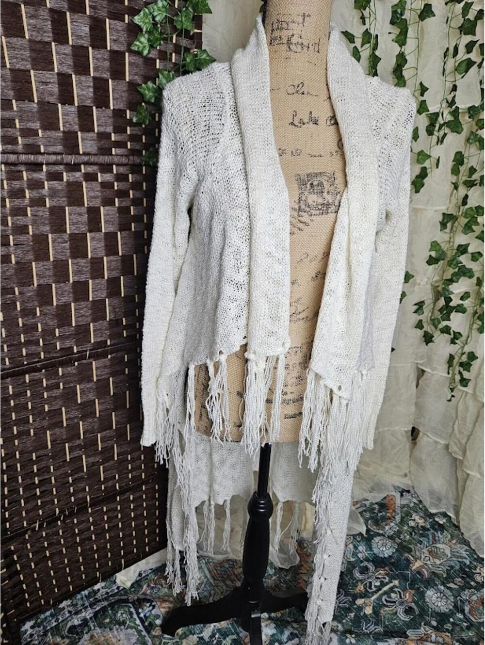 Bon Worth Cream Open Knit Cardigan Fringe Hem Boho Duster Sweater Size M
